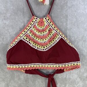 Women Swimwear Boho Crochet Halter Bikini Top Burgundy Scalloped Festival Small